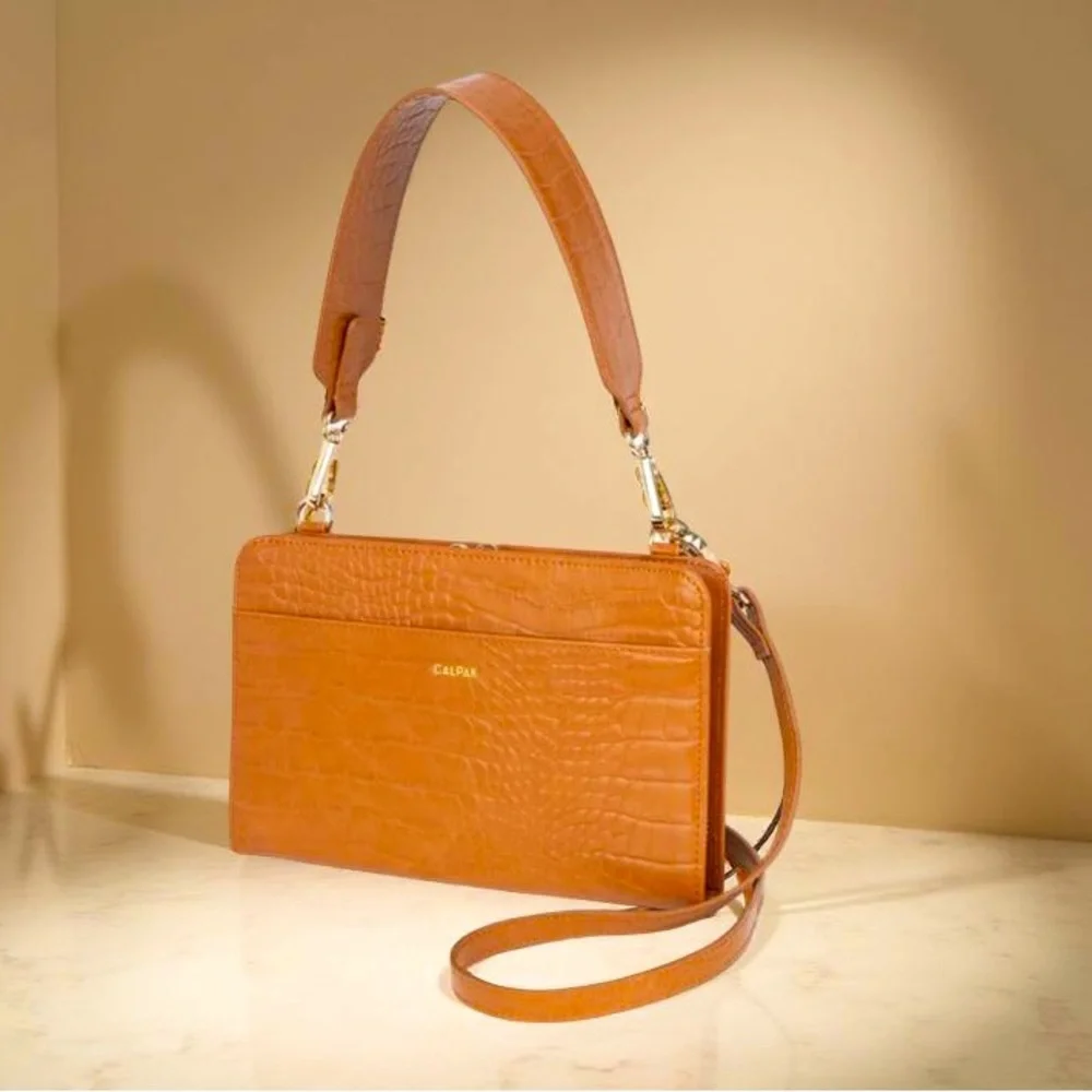 Calpak Croc-Embossed Crossbody Bag in Tan - Picture 2 of 12